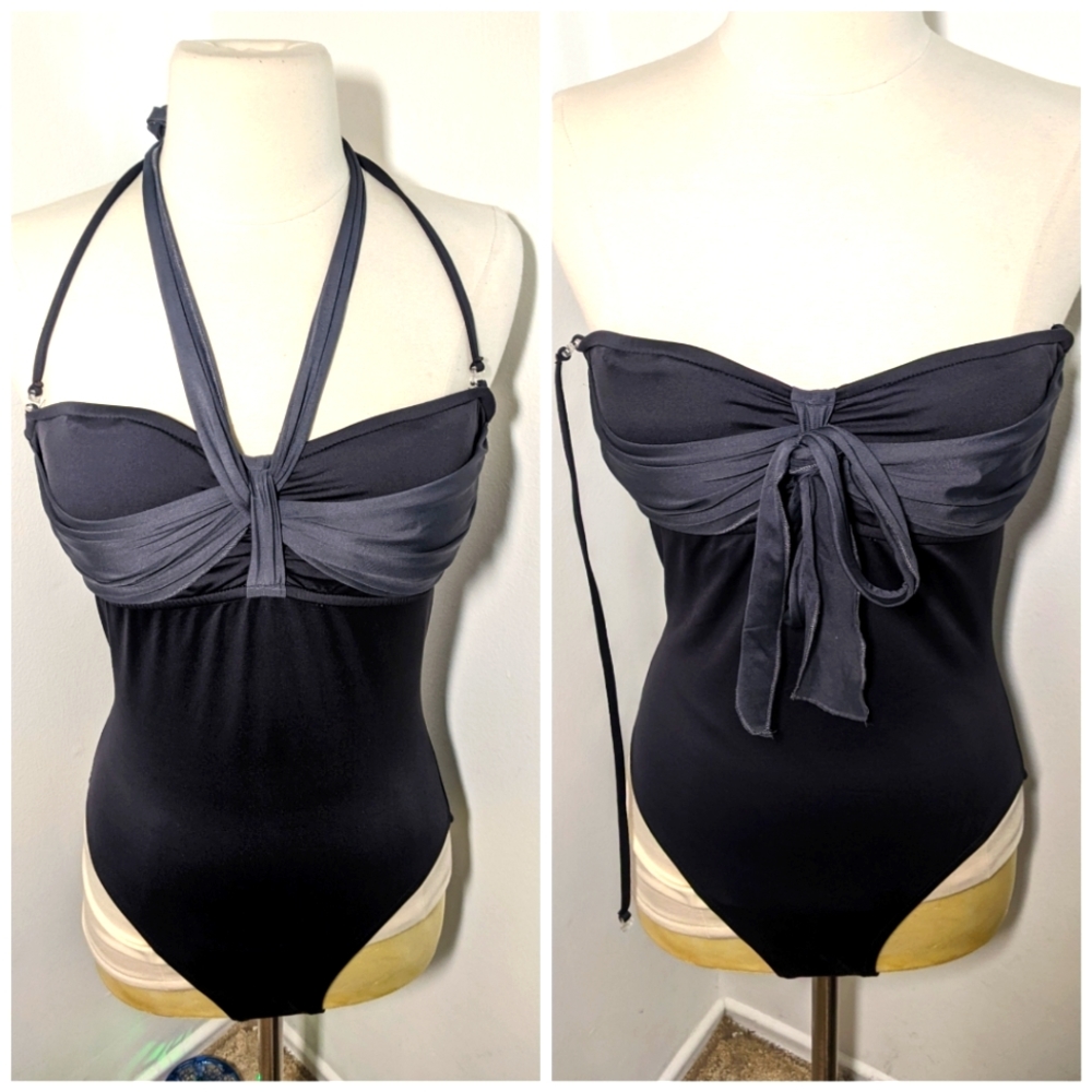 ✅Black and Gray Halter One-piece Swim Bathing Suit Medium Whimsigoth